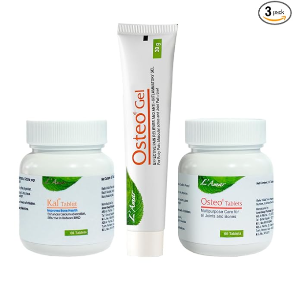 L’Amar Bone & Joint Wellness 3-Piece Kit | Natural Calcium Supplement & Joint Support | Includes KAL (60 Tabs), OSTEO (60 Tabs) & Pain Relief Gel (30g) | Ayurvedic Arthritis & Bone Strength Combo