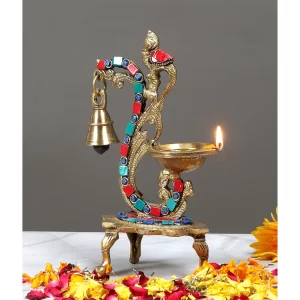 Two Moustaches Ethnic Handcrafted Brass Diya with Bell – Peacock Design Gemstone Work Antique Oil Lamp, 100% Pure Brass Home Temple Diya, 8 Inch Decorative Puja Lamp (Pack of 1)