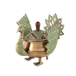 Skywalk Handcrafted Brass Loban Dhoop Dani with Peacock Design – Traditional Incense Burner, Dhunachi Urli & Home Office Spiritual Décor