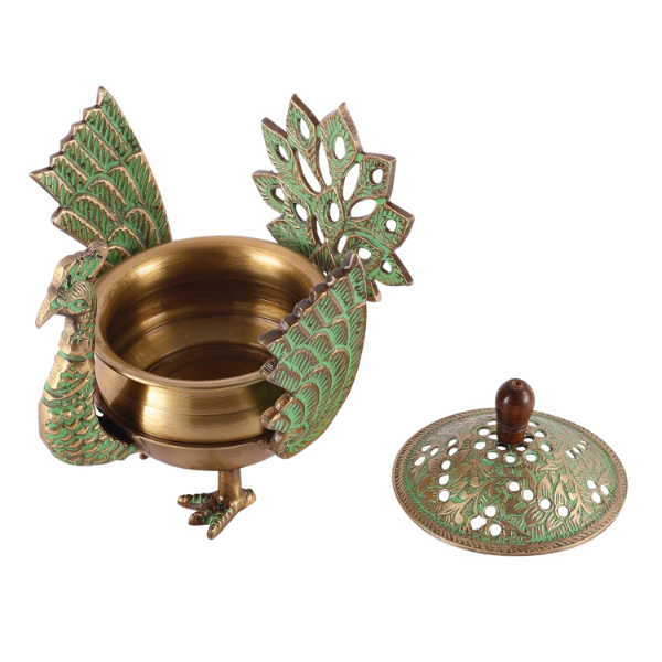 Skywalk Handcrafted Brass Loban Dhoop Dani with Peacock Design – Traditional Incense Burner, Dhunachi Urli & Home Office Spiritual Décor - Image 3