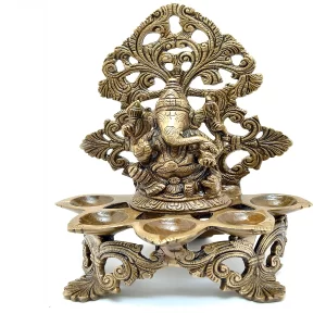 Handcrafted Brass Panchdeep Diya with Ganesha Carving – Antique Brown Decorative Oil Lamp for Home Décor & Pooja