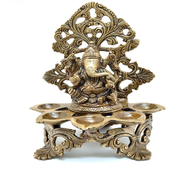 Handcrafted Brass Panchdeep Diya with Ganesha Carving – Antique Brown Decorative Oil Lamp for Home Décor & Pooja