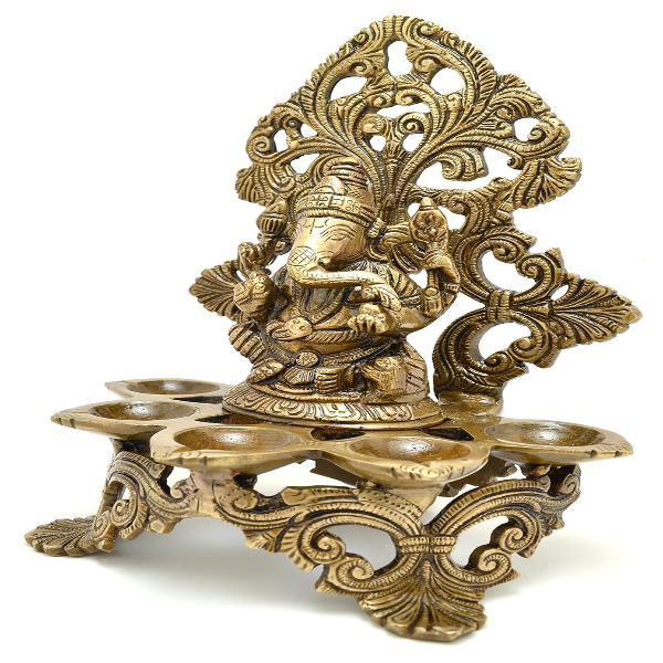 Handcrafted Brass Panchdeep Diya with Ganesha Carving – Antique Brown Decorative Oil Lamp for Home Décor & Pooja - Image 2
