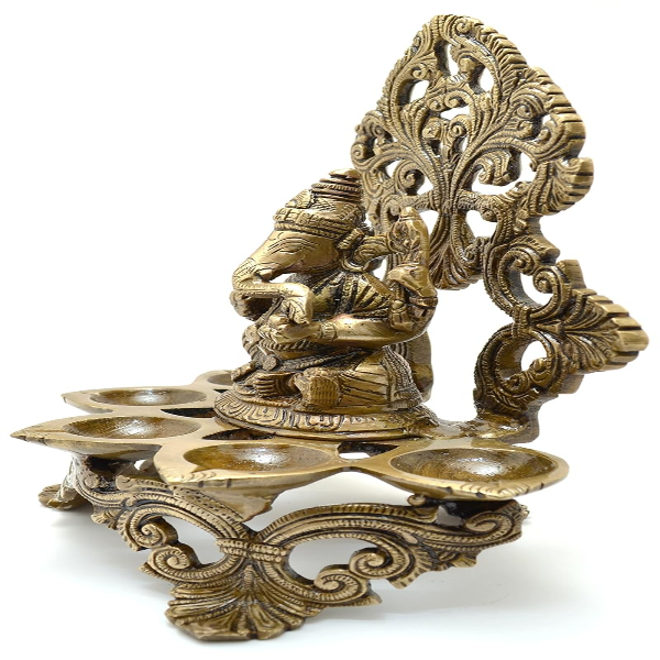 Handcrafted Brass Panchdeep Diya with Ganesha Carving – Antique Brown Decorative Oil Lamp for Home Décor & Pooja - Image 3