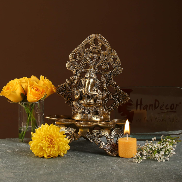 Handcrafted Brass Panchdeep Diya with Ganesha Carving – Antique Brown Decorative Oil Lamp for Home Décor & Pooja - Image 4