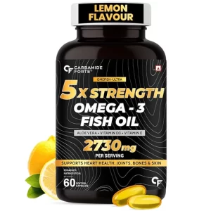 Carbamide Forte 5X Strength Omega 3 Fish Oil (2730mg) | Enriched with Vitamin D3, E & Aloe Vera for Skin Wellness | 60 Softgels