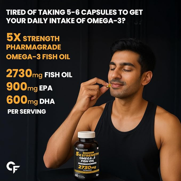 Carbamide Forte 5X Strength Omega 3 Fish Oil (2730mg) | Enriched with Vitamin D3, E & Aloe Vera for Skin Wellness | 60 Softgels - Image 2