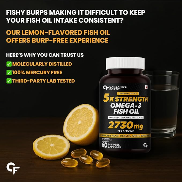 Carbamide Forte 5X Strength Omega 3 Fish Oil (2730mg) | Enriched with Vitamin D3, E & Aloe Vera for Skin Wellness | 60 Softgels - Image 4