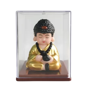 Cute Solar Buddha Head Shaking Monk Figurine – Golden Feng Shui Positive Energy Car Dashboard Idol | Adorable Desk & Home Decor Showpiece