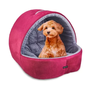 Amazon Basics Premium Soft Velvet Pet Cave Bed for Dogs & Cats – Medium Size Cozy Enclosed Bed in Wine Color (60x56x48 cm)