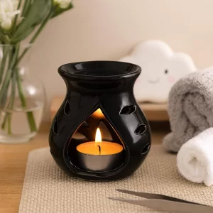 Pure Source India Ceramic Clay Aroma Burner (Black, 9 cm) – Candle Operated Essential Oil Diffuser for Home Décor, Relaxation & Aromatherapy