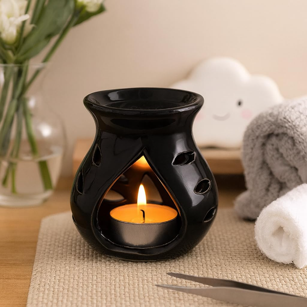 Pure Source India Ceramic Clay Aroma Burner (Black, 9 cm) – Candle Operated Essential Oil Diffuser for Home Décor, Relaxation & Aromatherapy