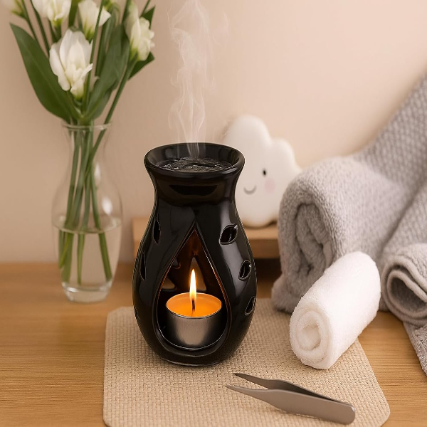 Pure Source India Ceramic Clay Aroma Burner (Black, 9 cm) – Candle Operated Essential Oil Diffuser for Home Décor, Relaxation & Aromatherapy - Image 2