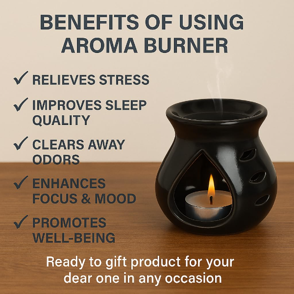 Pure Source India Ceramic Clay Aroma Burner (Black, 9 cm) – Candle Operated Essential Oil Diffuser for Home Décor, Relaxation & Aromatherapy - Image 4