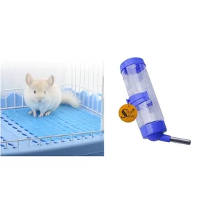 Sage Square PVC Cage Floor Mat & 125ml Leak-Proof Water Bottle & Feeder – Durable Accessories for Rabbits, Guinea Pigs, Cats, Ferrets, Puppies & Small Pets (Blue, 1 Set)