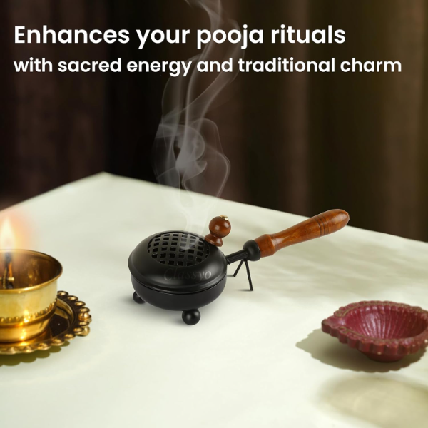 Classyo Black Metal Dhoop Holder with Wooden Handle – 3 Inch Round Loban & Sambrani Burner | Traditional Dhup Dani for Puja, Aarti & Spiritual Home Rituals | Elegant Incense Stand for Daily Worship - Image 2