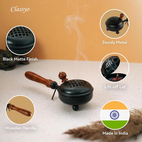 Classyo Black Metal Dhoop Holder with Wooden Handle – 3 Inch Round Loban & Sambrani Burner | Traditional Dhup Dani for Puja, Aarti & Spiritual Home Rituals | Elegant Incense Stand for Daily Worship - Image 3