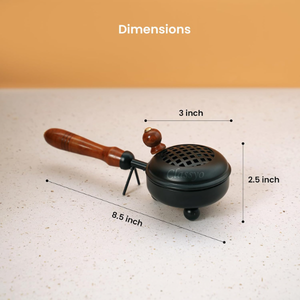 Classyo Black Metal Dhoop Holder with Wooden Handle – 3 Inch Round Loban & Sambrani Burner | Traditional Dhup Dani for Puja, Aarti & Spiritual Home Rituals | Elegant Incense Stand for Daily Worship - Image 4