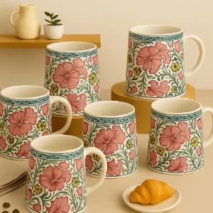A complete set of 6 magenta Floral Ceramic Coffee Mugs arranged neatly on a table.