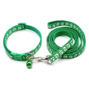 YellowCult Adjustable Dog & Cat Collar Leash Set – Soft Nylon Paw Print Pet Collar with Bell & Quick Release Buckle for Puppies, Small Dogs & Rabbits (Green)