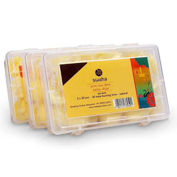 Swaha Premium Cow Ghee Diya Batti (Pack of 3, 30 Pieces) – Wax-Free Long Burning Cotton Wicks, Up to 30 Minutes for Puja & Spiritual Rituals