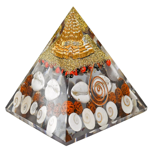 Crystal Heaven Laxmi Pyramid – Original Certified 90mm Orgonite Pyramid with Gomati Chakra, Rudraksha, Cowrie (Kodi) & Shree Yantra | Vastu Energy Tool for Wealth, Money & Good Luck Attraction