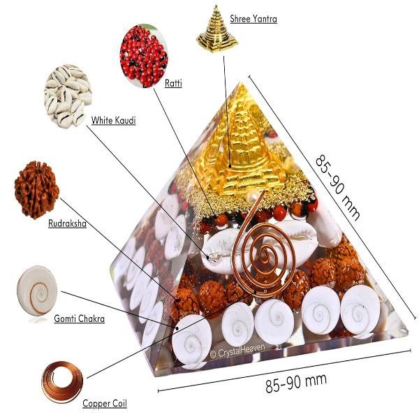 Crystal Heaven Laxmi Pyramid – Original Certified 90mm Orgonite Pyramid with Gomati Chakra, Rudraksha, Cowrie (Kodi) & Shree Yantra | Vastu Energy Tool for Wealth, Money & Good Luck Attraction - Image 2
