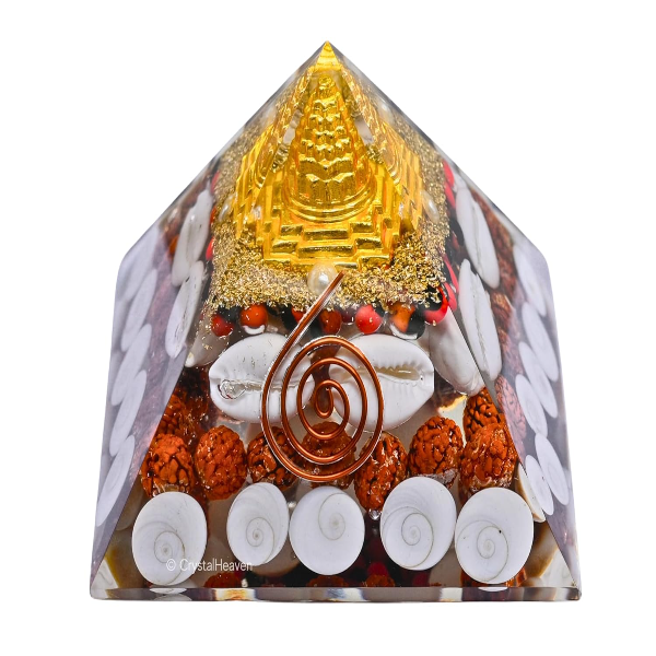 Crystal Heaven Laxmi Pyramid – Original Certified 90mm Orgonite Pyramid with Gomati Chakra, Rudraksha, Cowrie (Kodi) & Shree Yantra | Vastu Energy Tool for Wealth, Money & Good Luck Attraction - Image 3