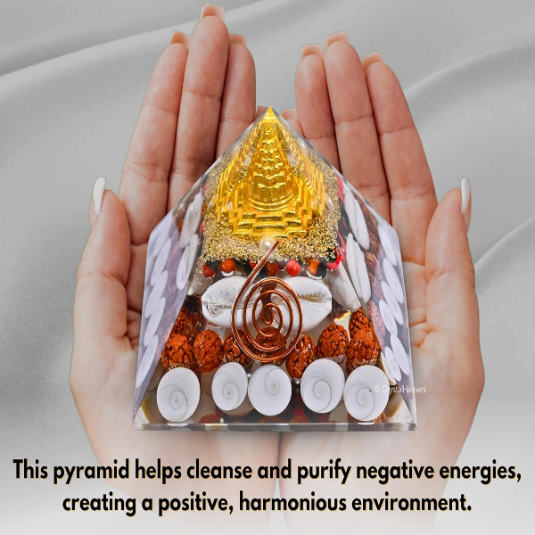 Crystal Heaven Laxmi Pyramid – Original Certified 90mm Orgonite Pyramid with Gomati Chakra, Rudraksha, Cowrie (Kodi) & Shree Yantra | Vastu Energy Tool for Wealth, Money & Good Luck Attraction - Image 4