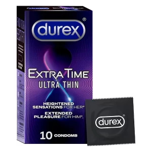 The complete twin pack of Durex Extra Time Condoms packaging.