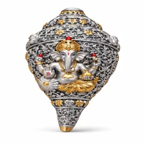 Decorative Lord Ganesha Shankh – Silver & Gold Finish Hindu Religious Idol, Intricately Designed Floral Filigree Spiritual Décor for Home Temple & Pooja Room