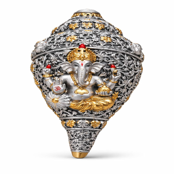Decorative Lord Ganesha Shankh – Silver & Gold Finish Hindu Religious Idol, Intricately Designed Floral Filigree Spiritual Décor for Home Temple & Pooja Room