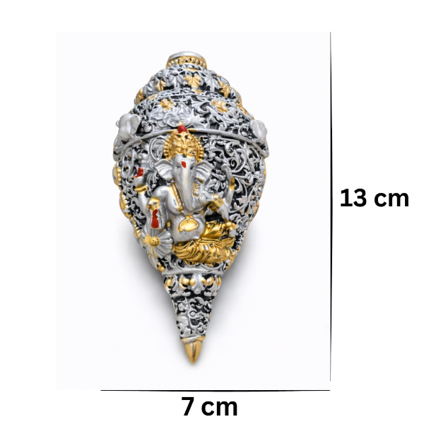 Decorative Lord Ganesha Shankh – Silver & Gold Finish Hindu Religious Idol, Intricately Designed Floral Filigree Spiritual Décor for Home Temple & Pooja Room - Image 2