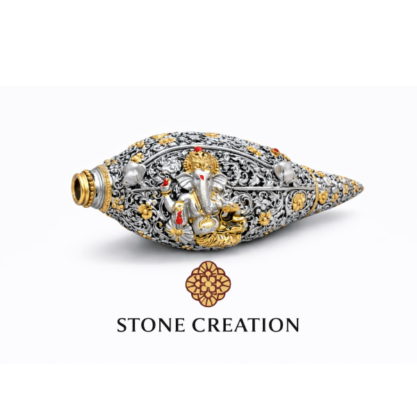 Decorative Lord Ganesha Shankh – Silver & Gold Finish Hindu Religious Idol, Intricately Designed Floral Filigree Spiritual Décor for Home Temple & Pooja Room - Image 3