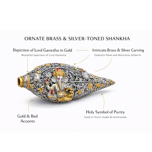 Decorative Lord Ganesha Shankh – Silver & Gold Finish Hindu Religious Idol, Intricately Designed Floral Filigree Spiritual Décor for Home Temple & Pooja Room - Image 4