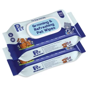 A pack of 200ct pet grooming wet wipes being used to clean a golden retriever dog paws in a living room.