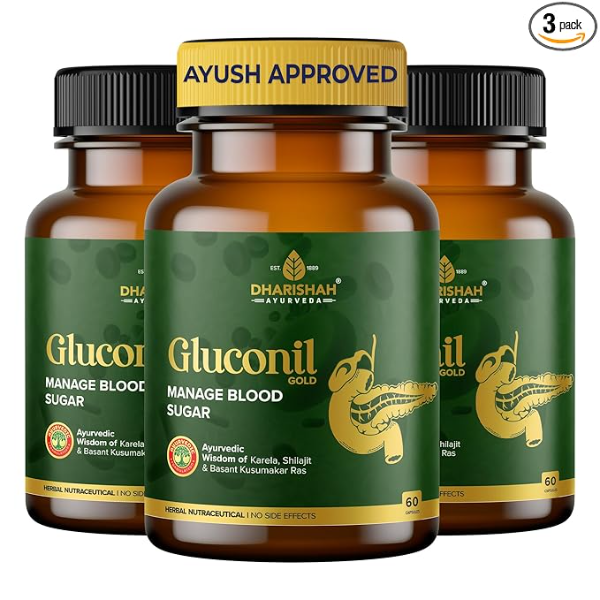 Dharishah Ayurveda Gluconil Gold (180 Capsules) | Natural Blood Sugar Support & Glucose Management | Formulated with Bitter Melon (Karela), Gymnema (Gurmar) & Jamun | 3-Month Value Supply