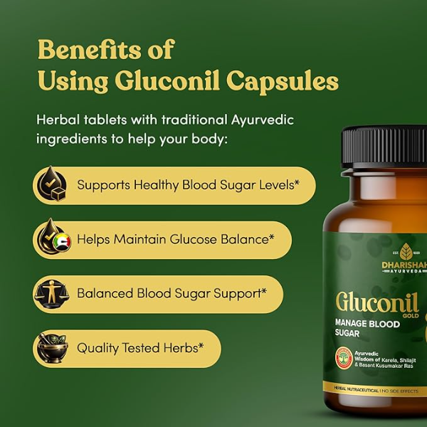 Dharishah Ayurveda Gluconil Gold (180 Capsules) | Natural Blood Sugar Support & Glucose Management | Formulated with Bitter Melon (Karela), Gymnema (Gurmar) & Jamun | 3-Month Value Supply - Image 2