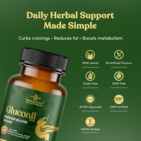 Dharishah Ayurveda Gluconil Gold (180 Capsules) | Natural Blood Sugar Support & Glucose Management | Formulated with Bitter Melon (Karela), Gymnema (Gurmar) & Jamun | 3-Month Value Supply - Image 4