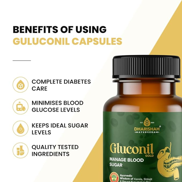 Dharishah Ayurveda Gluconil Gold (60 Capsules) | Natural Blood Sugar Support Supplement | Formulated with Karela, Jamun Beej & Gurmar | Ayurvedic Glucose Management & Metabolic Health - Image 3