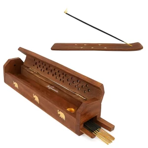 SIGNAMIO® Wooden Mini Incense Stick Holder Set (2 Pcs) – Horizontal Agarbatti & Dhoop Stand with Ash Catcher and Storage Box for Home Mandir & Daily Puja Use