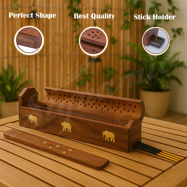 SIGNAMIO® Wooden Mini Incense Stick Holder Set (2 Pcs) – Horizontal Agarbatti & Dhoop Stand with Ash Catcher and Storage Box for Home Mandir & Daily Puja Use - Image 3