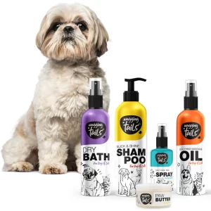 Wagging Tails Shihtzu Grooming Gift Set – 5-in-1 Natural Pet Care Kit with Dog Shampoo, Massage Oil, Dry Bath, Paw Butter & Paw Spray