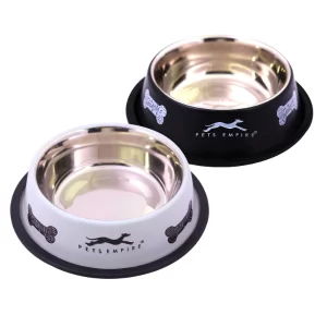 Pets Empire 700ml Stainless Steel Dog & Cat Bowl – Anti-Skid Food & Water Feeder for Puppies, Cats & Small Dogs (Black & Grey)