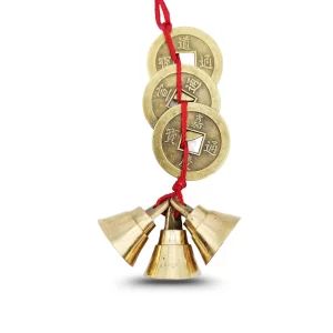 Feng Shui Vastu Lucky Brass Door Hanging with 3 Bells & Chinese Coins – Wealth & Prosperity Charm for Main Entrance | Spiritual Home & Office Decor | Auspicious Mini Gift Item