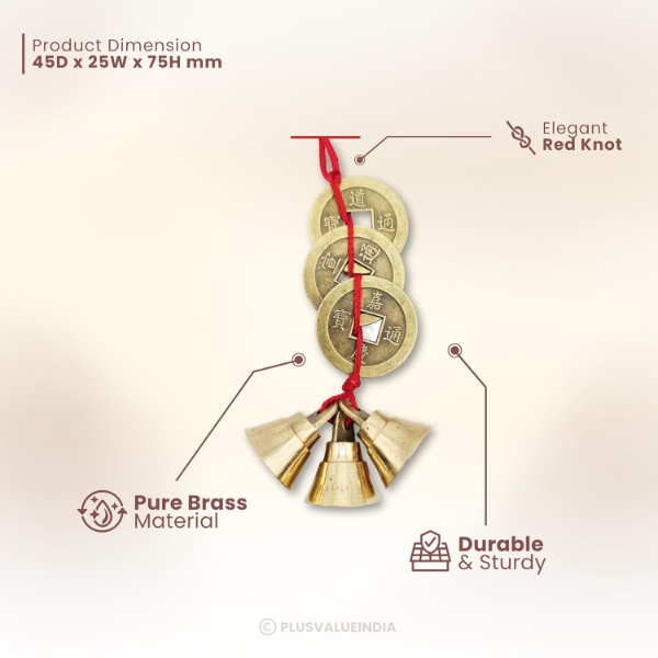 Feng Shui Vastu Lucky Brass Door Hanging with 3 Bells & Chinese Coins – Wealth & Prosperity Charm for Main Entrance | Spiritual Home & Office Decor | Auspicious Mini Gift Item - Image 3