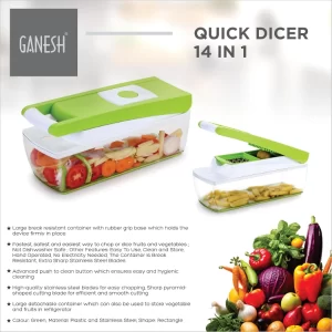 The complete Ganesh 14-in-1 Multipurpose Vegetable Chopper Set laid out neatly with all its green plastic attachments and steel blades.