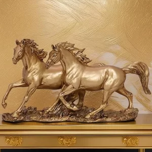 Premium golden galloping race horses statue tabletop showpiece