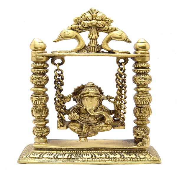 wo Moustaches 100% Pure Brass Ganesha on Swing Jhoola Showpiece, Brass Ganesha Jhula for Home Decor, Brass Temple Decor, Weight - 1.5 Kg, Standard, Antique Yellow, Pack of 1