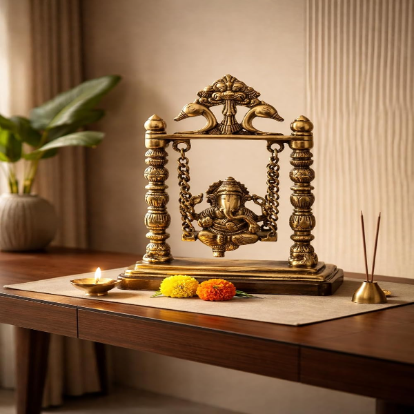 wo Moustaches 100% Pure Brass Ganesha on Swing Jhoola Showpiece, Brass Ganesha Jhula for Home Decor, Brass Temple Decor, Weight - 1.5 Kg, Standard, Antique Yellow, Pack of 1 - Image 3